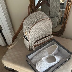 Micheal Kors Designer Monogram Backpack and Slip-On Shoes Set Sz 9. ! Brand New!